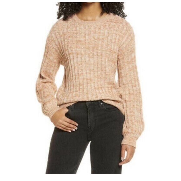 Blank NYC Heather Ribbed Crew Neck Sweater Toffee Brown Cream Size M - Picture 1 of 9